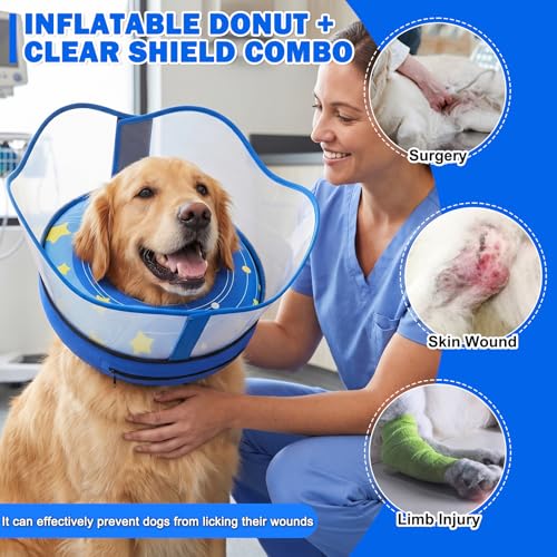 EMUST Inflatable Dog Cone Collar with Removable Clear Protective Shield | Dog Donut Collar After Surgery for Small/Medium/Large Dogs, Soft Puppy Cone Alternative After Surgery(Blue, Large) - color: Blue, size: L (Neck 13"-15")