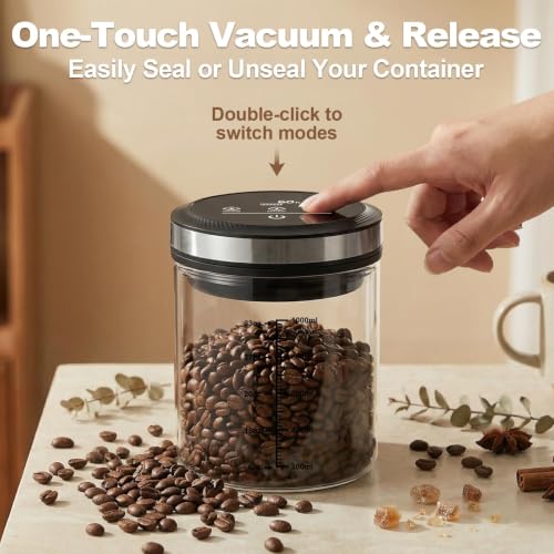 Vacuum Coffee Canister, One-touch Operation with Display, Standby Time Over 4500H, Vacuum Coffee Canister Suitable for Grain/Sugar/Tea Leaves/Flour, 1.2L Capacity with Large Feed Opening - size: 1.2L