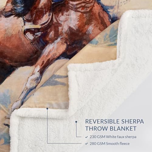 Paseo Road Indigo Hill by HiEnd Accents Buster 54x68 Cream Throw Blanket | Cowboy Horse Print, Rustic Southwestern Rodeo-Style Western Sherpa Fleece Blanket for Camping Outdoors - color: Buster