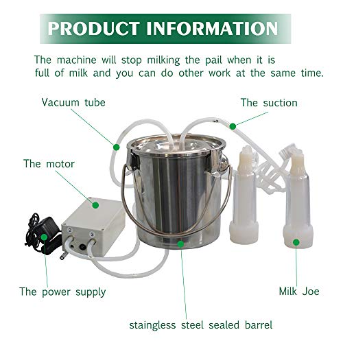 3L Goat Pulsation Vacuum Electric Milking Machine, Automatic Pulsation Breast Pump with 2 Teat Cups Stainless Steel Bucket for Goat.
