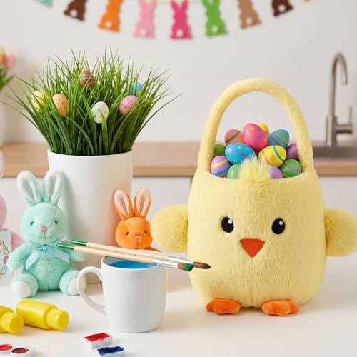 Leinuosen Easter Basket Stuffed Animals Chick Yellow Easter Egg Hunting Baskets Cute Festivals Gift Bags Buckets for Tote Bags for Decorations Candy Gifts Storage - style: Chick