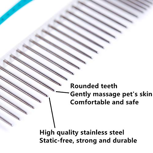 Pet Comb for Dogs and Cats, Stainless Steel Teeth Detangling Grooming Comb | Pets Hair Dematting Deshedding Brush, 7 1/4", Wide & Narrow Teeth, Non-Slip Handle, Remove Tangles, Mats, Knots & Loose Fur