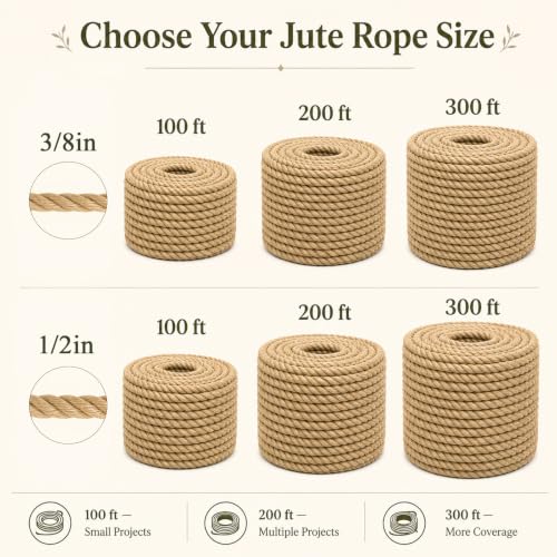Natural Jute Rope (1/2 Inch x 200 Feet) Thick Hemp Rope Twisted Manila for DIY Crafts, Deck Railings, Hanging Swing, Nautical Decorating - size: 1/2 Inch x 200 Feet