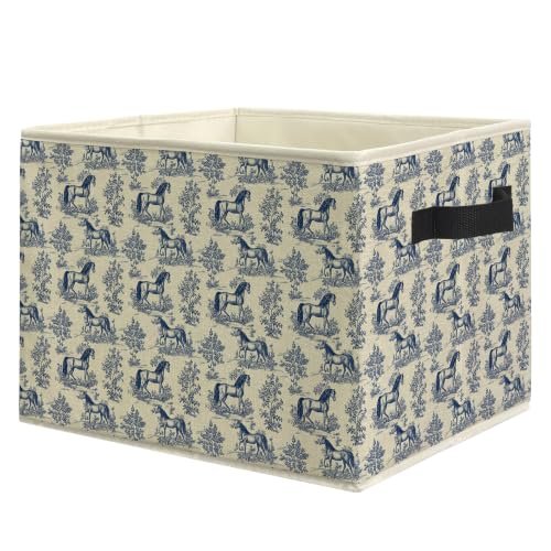 Blue and White Chinoiserie Horse Storage Bins Box with Handles, Vintage French Country Botanical Horse Collapsible Laundry Basket Hamper Clothes Organizer for Home Bedroom Bathroom - color: style 02