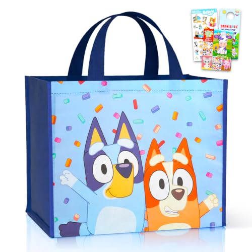 Bluey Tote Bag, Large Reusable Grocery Bag Bundle for Kids Adults | 14.5" Tote Bag for Shopping Groceries Gift Bags for Boys Girls Features Bluey and Bingo, Stickers, More
