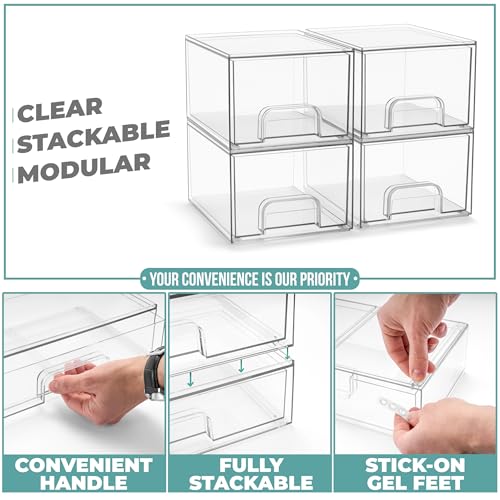 Sorbus Clear Stackable Storage Drawers (4 Pack, 4.4'' Tall) | Acrylic containers with pull-out bins keep cosmetics, brushes and daily items sorted on bathroom counters or in cabinets. - size: 4 Pack, 4.4’’ Tall