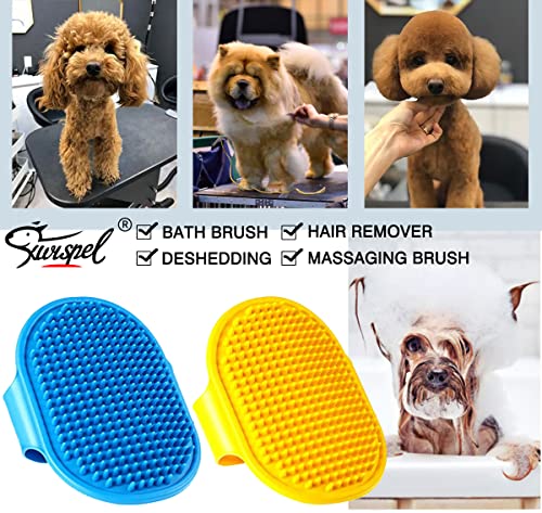 Dog Grooming Brush, Pet Shampoo Bath Brush Dog Grooming Shedding Brush Soothing Massage Rubber Comb with Adjustable Ring Handle for Long Short Haired Dogs and Cats 2pcs - color: Red & Yellow