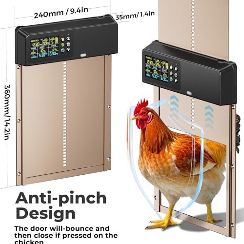 Automatic Chicken Coop Door: 3500mAh Solar Powered, 656ft Long-Range Remote, Intuitive Color LCD Display, Anti-Pinch Safety Sensor, Weather-Resistant Aluminum Auto Door for Poultry