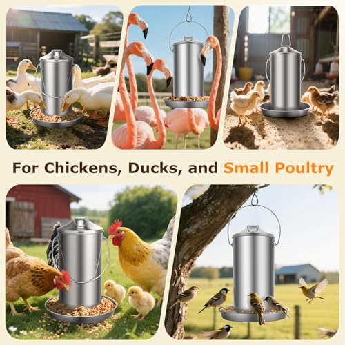 Chicken Feeder - 304 Stainless Steel 8.8 lb Rust-Proof No Waste Poultry Feeder for Outdoor Coops, Chickens, Ducks & Small Farms