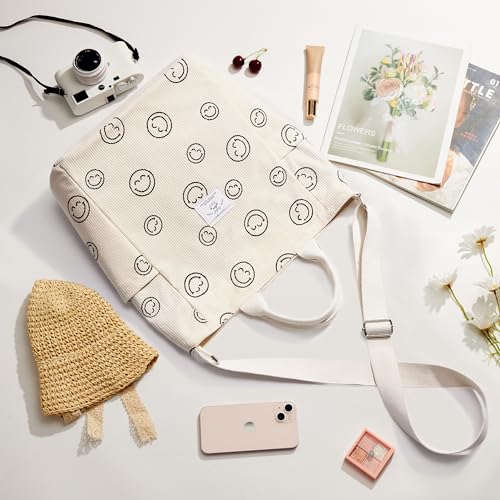 KALIDI Corduroy Tote Bag, Large Slouchy Hobo Messenger Crossbody Bag | Anti Splash Zipper Side Pockets Shoulder Bag Adjustable Strap Lightweight Casual Work Shopping Women - color: White Happy
