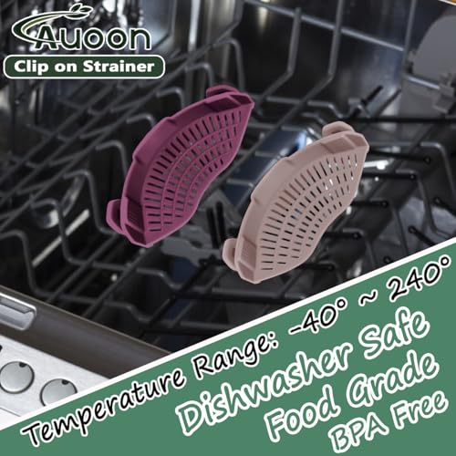 AUOON Pasta Strainer Clip on Silicone, Standard 8.86 x 3.55 in, Almond Rose | BPA-free, Fits All Pots Pans Bowls, Dishwasher Safe, for Meat Noodles Vegetable Fruits, Space-saving Kitchen Gadget - color: Almond Rose, size: Standard 8.86 x 3.55 in
