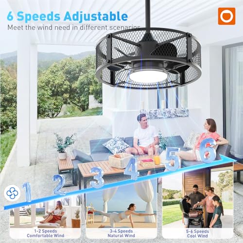addlon 20" Outdoor Ceiling Fan with Light for Patio, IP65 Plug in Caged Fan | Waterproof, Hanging Hook, Reversible DC Motor, 6 Speeds, Remote Control, Quiet Operation, Timer, for Gazebo, Patio, Porch - color: Black Mesh Cage