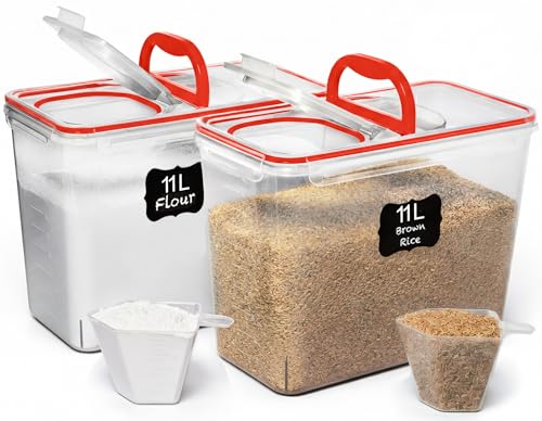 Shazo 2 PC (11L | 372 oz) Flour Sugar Storage Containers with Spout Lid & Easy Carry Handle - BPA Free Extra Large Airtight Food Storage Containers with Lids - Rice Canisters Sets for Kitchen & Pantry - color: Red
