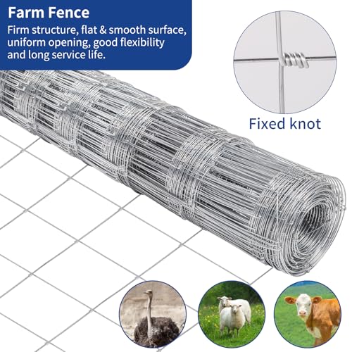 Livestock Fence, 4ft X 164ft Galvanized Wire Field Wire Fencing, Cattle Fence, Deer Fence, Heavy Zinc Coating Farm Fence Used to Hog Goat Fencing for Yard and Field Hog Horse - style: Metallic 4FT x 164FT