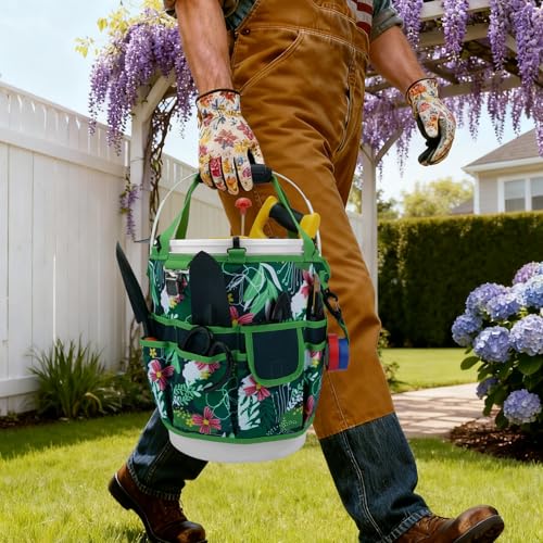 KUNN Bucket Tool Organizer 5 Gallon 18-Pocket Gardening Tool Bag with Hangable Handle | Garden Caddy & Bucket Accessory, Green - color: Green Leaf