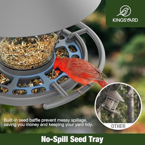 Kingsyard Wild Bird Feeder for Outdoors Hanging | No-Spill Seed Tray, Circular Perch with 360° Feeding, 4 lb Large Capacity, Attracts Cardinals Finches Chickadees, Grey - color: Gray