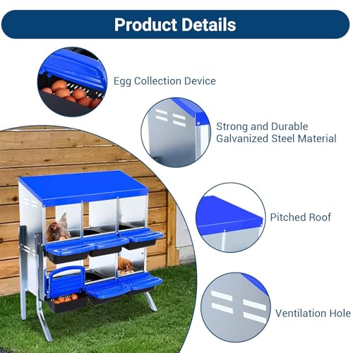 Chicken Nesting Boxes, 6 Hole Metal Chicken Laying Box with with Removable Trays and Roll Out Egg Collection for Chicken Coop, with Metal Bracket, Blue - color: Blue, size: 35.4"L x 17.5"W x 9.1"H
