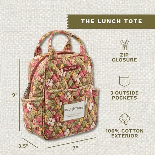 Bella Taylor Lunch Tote, Quilted Lunch Bag, Autumn Garden | Lightweight quilted cotton lunch box, easy-to-clean PEVA lining, 3 outside/1 inside pocket, durable construction - color: Autumn Garden