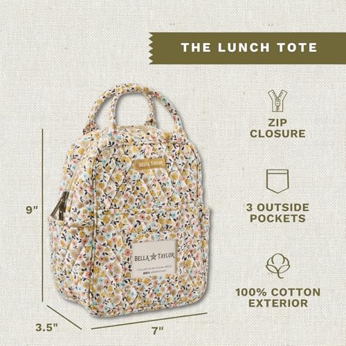 Bella Taylor Lunch Tote, Quilted Lunch Bag, Prairie Meadow | Lightweight quilted cotton lunch box, easy-to-clean PEVA lining, 3 outside/1 inside pocket, durable construction - color: Prairie Meadow