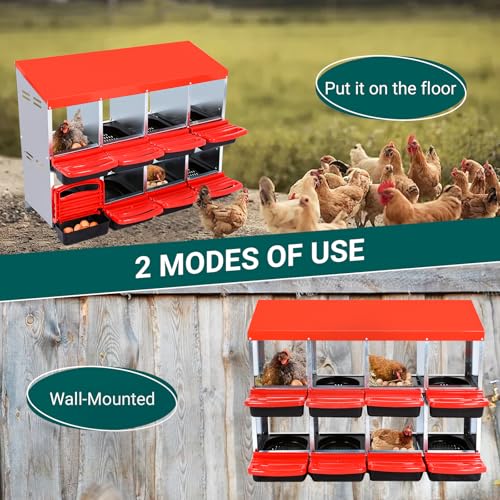 Chicken Nesting Boxes for Laying Eggs, 8 Compartment Nesting Boxes for Chickens, Roll Away Chicken Laying Box for Hens Poultry, Red