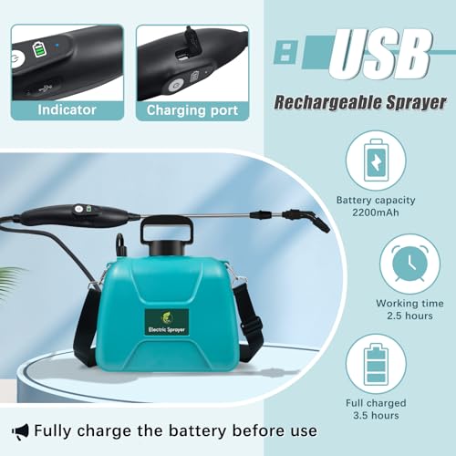 2 Gallon Battery Powered Sprayer, Electric Pump Sprayer in Lawn and Garden | USB Rechargeable Handle, 3 Mist Nozzles, Retractable Wand, Yard Sprayers with Adjustable Shoulder Strap for Yard, Garden - color: Blue-green, size: 2 Gallon