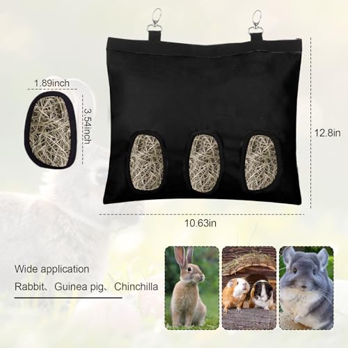 2PCS Rabbit Hay Feeder,3 Hole Hay Bag for Rabbits, Washable Hanging Small Animal Feeder for Guinea Pig Bunny Chinchillas Hamsters and Other Pets - color: Black