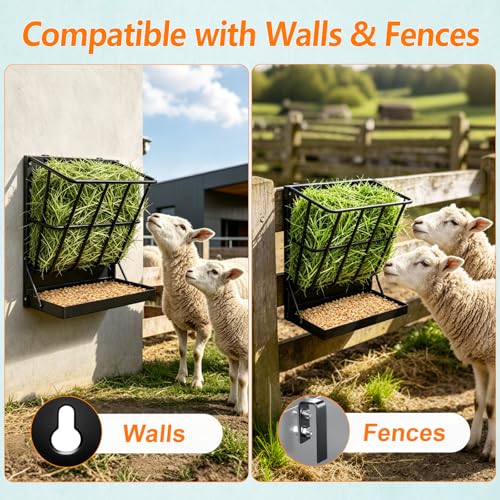 2 in 1 Wall Mount Hay and Grain Feeder, 25 Gallons Livestock Feeder | Galvanized Steel Wall Hay Rack, Hanging Hay Feeder with Mounting Kit for Goats Sheep Horse, Slow Feeder for Goats with Trough - color: Black
