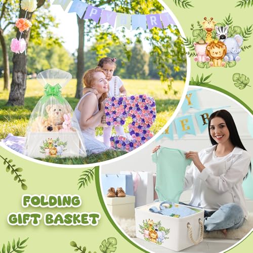 Pickmesh Baby Shower Storage Basket with Gift Bags Rectangular Ribbons Collapsible Canvas Storage Bin with Handles for Diaper Organizing Toy Home DIY Gift Basket, 13 x 9. 1 x 7. 1 Inch(Jungle Theme) - style: Jungle Theme