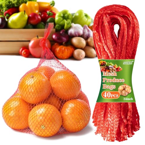 Sukh 90PCS Mesh Produce Bags - 24Inch Vegetable Storage Net Bags Red | Mesh Vegetable Bags for Onion, Fruits, Seafood, and Other Agricultural Products Storage, Garden Harvest Produce Bags - color: Red