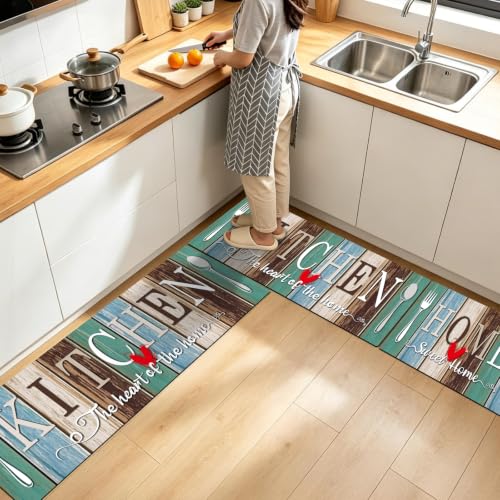 Kitchen Rugs Set 3 Piece, Non Slip Kitchen Mats for Floor, Soft Fabric with Rubber Backing, Farmhouse Anti Fatigue Runners Carpet for Home Kitchen Laundry Room Hallway (Rustic Teal Brown) - color: Rustic Teal Brown