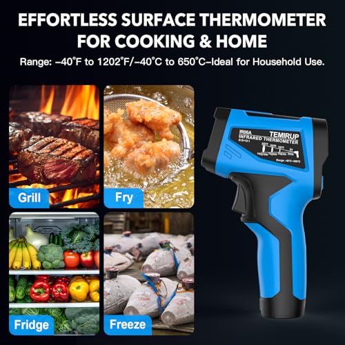 Infrared Thermometer Temperature Gun - TEMIRUP Non-Contact Digital Laser Thermometer Temp Gun with Thermocouple Probe for Industrial, Cooking, Griddle, Engine, HVAC, Adjustable Emissivity,-40℉~1202℉ - color: Blue, size: R06A -40℉~1202℉(-40℃~650℃)