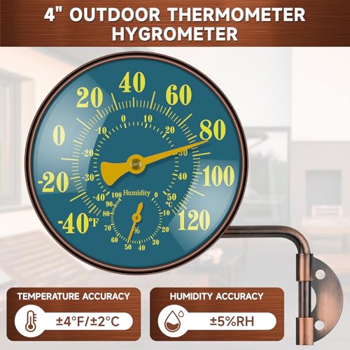 4 Inch Outdoor Thermometer and Humidity Gauge, Brass Analog Dial, Window Thermometer for Outside Temperature & Humidity Monitor, Battery-Free for Patio Garage Greenhouse Garden Wall - color: Green, size: 4 Inch