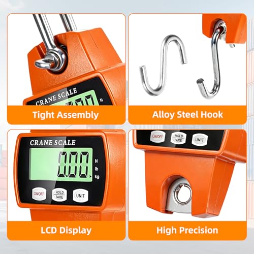 Digital Hanging Scale, 1100lb/500kg Handheld Crane Scale | Small Crane Scale with LCD Display and Hooks, Aluminum Alloy Body for Hunting, Outdoor, Luggage, Farm (Orange) - color: Orange-1100lb
