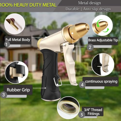 Garden Hose Nozzle, Heavy Duty Hose Nozzle | Metal Water Hose Nozzle with Non-Slip Grip, High Pressure, 4 Adjustable Spray Patterns for Garden, Car Washing & Pet Bathing