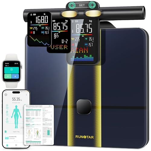 RunStar Smart Scale for Body Weight with Set-Function Handle, 50+ Metrics | 8-Electrode High Accuracy Digital Bathroom Scale, Sync Fitness APP, Voice Prompt, Full Body Analysis Report, 400lb, BlueBlack - color: Blueblack, size: 12.2" * 12.2"