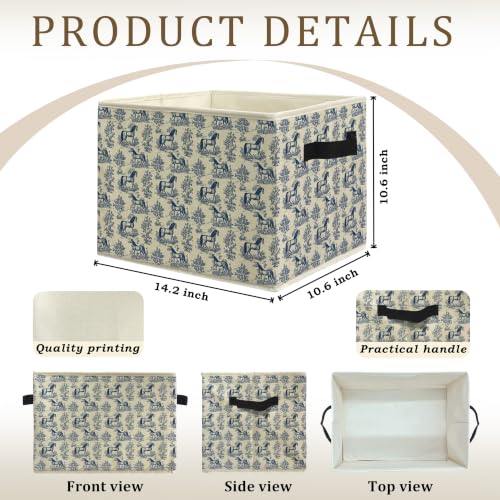 Blue and White Chinoiserie Horse Storage Bins Box with Handles, Vintage French Country Botanical Horse Collapsible Laundry Basket Hamper Clothes Organizer for Home Bedroom Bathroom - color: style 02