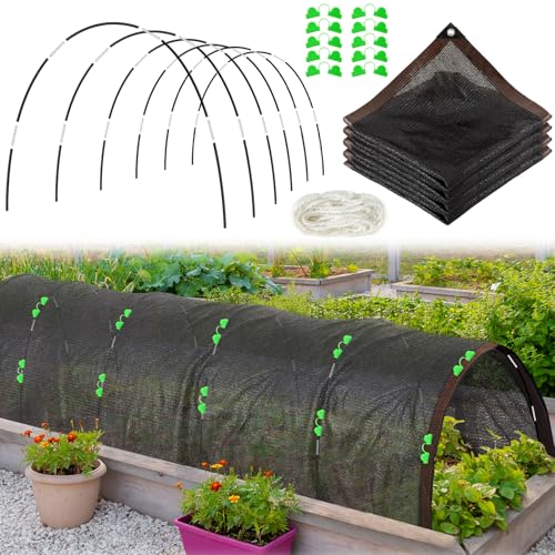 Plant Shade Cloth with 6 Sets of 7FT Greenhouse Hoops for Raised Beds and Rope 78.7"x 59.1" Plant Umbrellas 70% Sunblock Shade Cloth for Vegetable Greenhouse with Clips for Kennel Chicken Coop