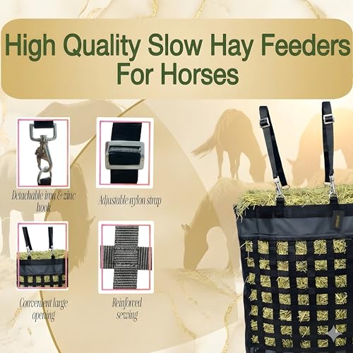Slow Feed Hay Bag for Horses, Heavy Duty Nylon Hay Feeder with Adjustable Straps & Zinc Alloy Metal Hooks, Durable Mesh Design for Horse, Goat, Sheep & Cattle, 20 x 25 Inch
