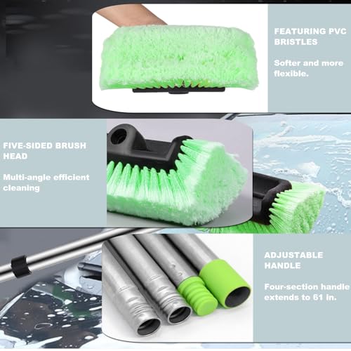 Car Wash Brush with Long Handle – Five-Sided Soft Bristle Brush for Car, Truck, SUV, RV, Boat & House Siding Cleaning(Green) - color: Green