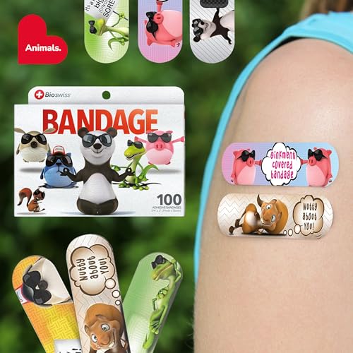 BioSwiss Bandages, Assorted Animal Shaped Variety Self Adhesive Bandage, Latex Free, Sterile Wound Care, 100 Count - size: 100-Count Box, style: Assorted Animals