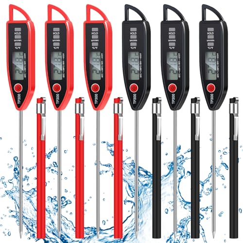6 Set Digital Food Thermometer Long Probe Instant,Black, Red | Waterproof for Water Liquid Candle, Instant Temperature Read for Kitchen BBQ Grill Candy Meat, Foldable Probe Thermometer - color: Black,Red