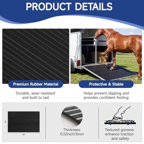 4 x 6 ft Horse Trailer Mat Rubber Waterproof Stall Mat with Shock Absorption and Cushioning Heavy Duty Non Slip Stable Pads for Livestock Trailers Stalls Driveways Garages Livestock Barn