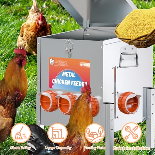 55LBS Automatic Chicken Feeder No Waste 5 Ports Metal Poultry Feeder with Adjustable Legs Perspective Window Latch & Handle for Chickens Bantams Pheasants - size: 5 Ports - 55 LBS