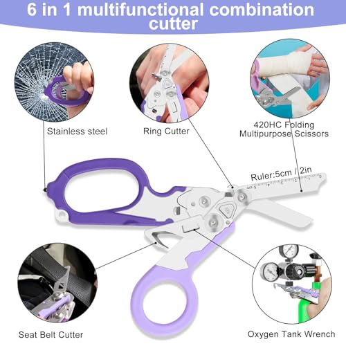 6-in-1 Heavy-Duty Emergency trauma shears (Double Purple) | Multifunctional Life-Saving Tool|Suitable for Emergency Rescue|Outdoor Exploration|DIY Construction and Maintenance - color: Double Purple