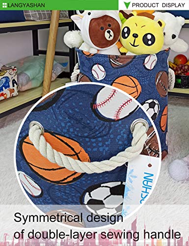 Round Thick Navy Ball Game Laundry Basket Collapsible Organizer Boys Girls | Canvas Foldable Storage Hamper Sturdy Rope Handles for Household Gift Baskets Bedroom Clothes Toys Children Nursery - color: Navy Ball Game
