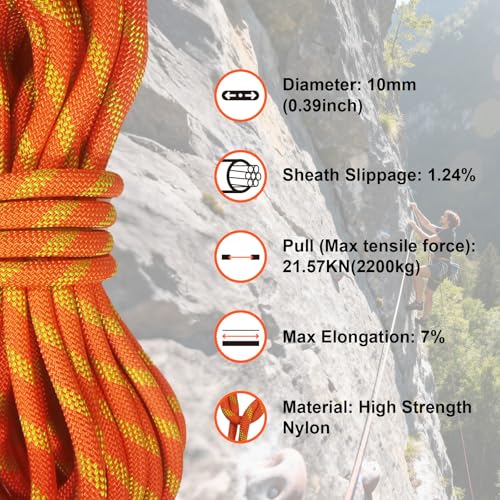 50m Climbing Rope 5/16" for Rescue & Mountaineering, UIAA | High-strength nylon, 8mm 164ft, orange, abrasion & UV resistant, ideal for trekking & outdoor work
