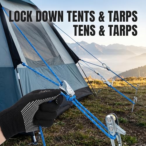 6 Pack Cam Buckle Tie Down Straps with Reflection Rope, 115LBS Break Strength Heavy Duty Tensioners, Adjustable Tent Guy Lines for Camping Cargo Securing Outdoor Activities, Includes 1 Pair Gloves