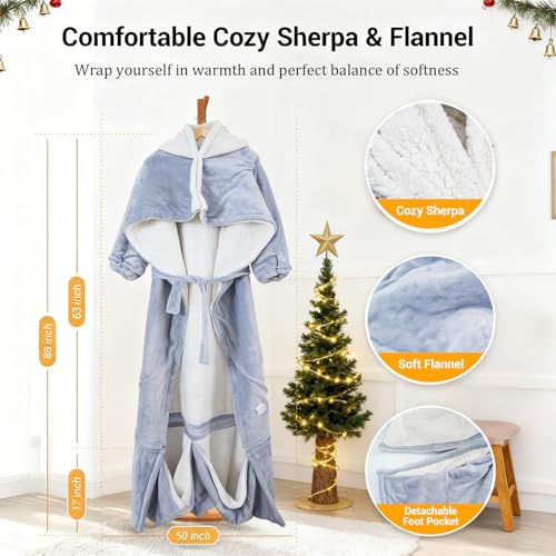 Electric Heated Blankets Hoodie for Women with Removable FootPocket,Wearable Heated Blanket Throw with Sleeves Heated Robe Flannel&Sherpa Heating Wrap Poncho Shawl with 9 Temp 50"x80" - color: Light Gray, size: 50"×80"