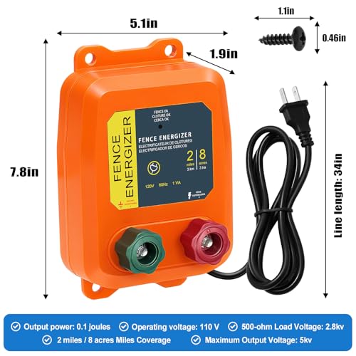 2 Mile AC Powered Low Impedance Electric Fence Charger，0.10 Joule Plug-in Electric Fence Energizer，Contain Small Animals, Keep Out Pests and Wildlife Invasion - color: Orange 0.10 Joule