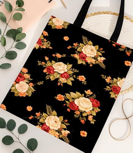 Aesthetic Floral Canvas Tote Bag - Reusable Shoulder Tote Bag for Women Lady Casual Vacation, Shopping, Work, Gym - color: Floral Rose